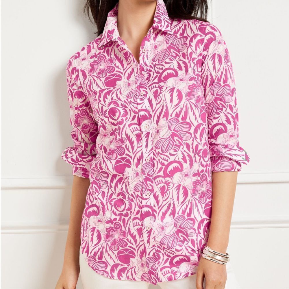 TALBOTS COTTON BUTTON FRONT SHIRT - ISLAND M VIOLET ROSE / WHITE NWT